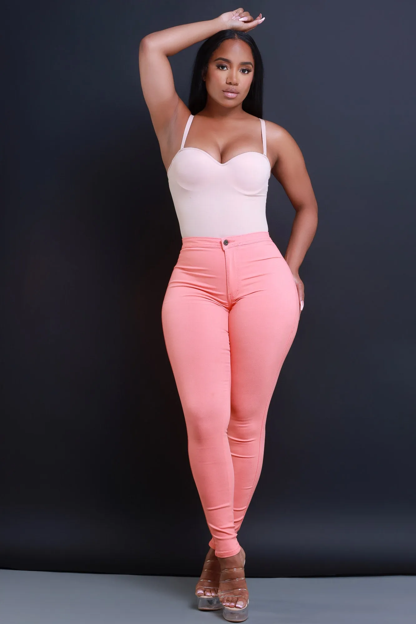 $15.99 Super Swank High Waist Stretchy Jeans - Orange Sorbet