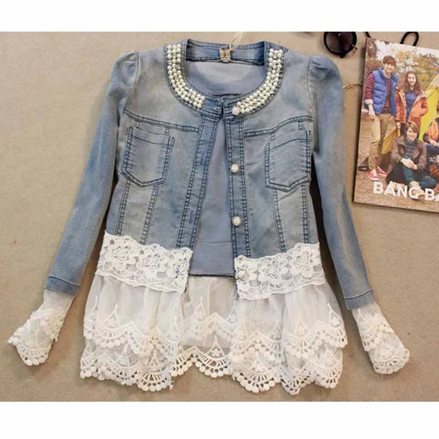 2017 Women Denim Jacket Long Sleeve Lace Jeans Jackets Female Oversized Jean Coat Girls Outerwear Abrigos Mujer jaqueta feminina