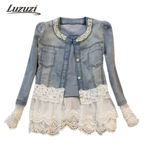 2017 Women Denim Jacket Long Sleeve Lace Jeans Jackets Female Oversized Jean Coat Girls Outerwear Abrigos Mujer jaqueta feminina