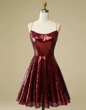 A-Line Burgundy Sequin Straps Backless Homecoming Wedding Party Dress