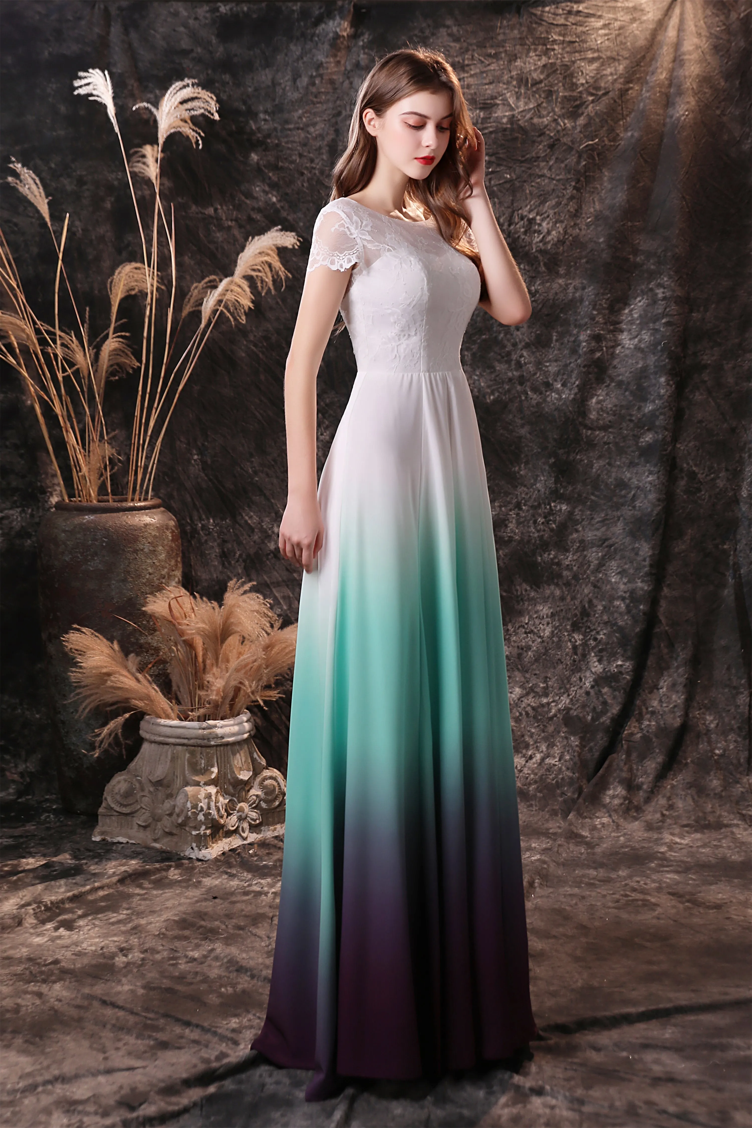 A Line Cap Sleeve Ombre Silk Floor Length Prom Dresses