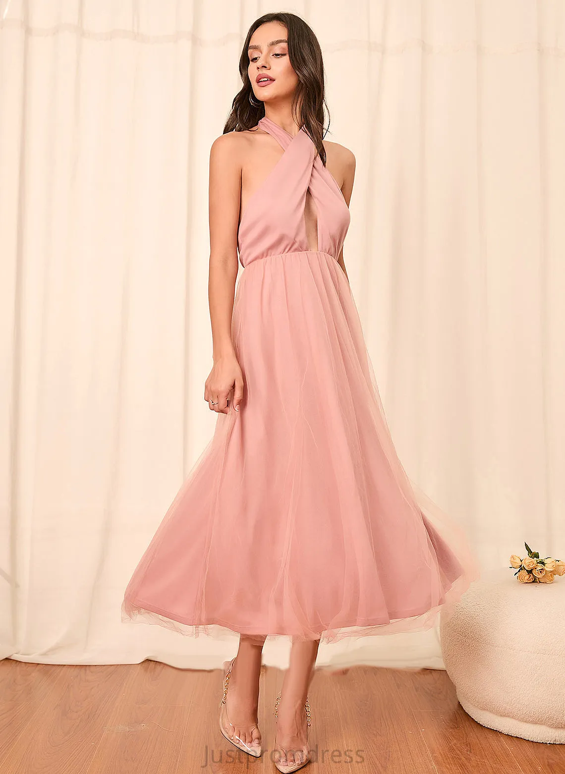 A-line Halter Sleeveless Jessica Tulle Sexy Midi Dresses Club Dresses