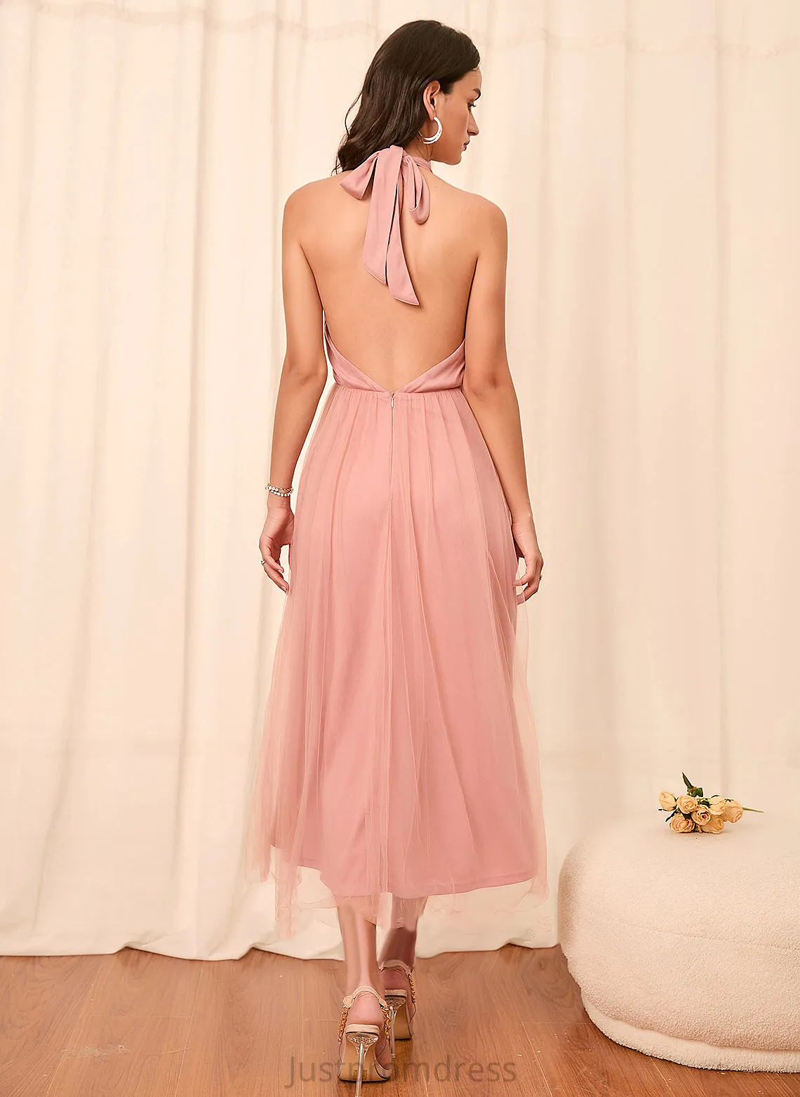 A-line Halter Sleeveless Jessica Tulle Sexy Midi Dresses Club Dresses