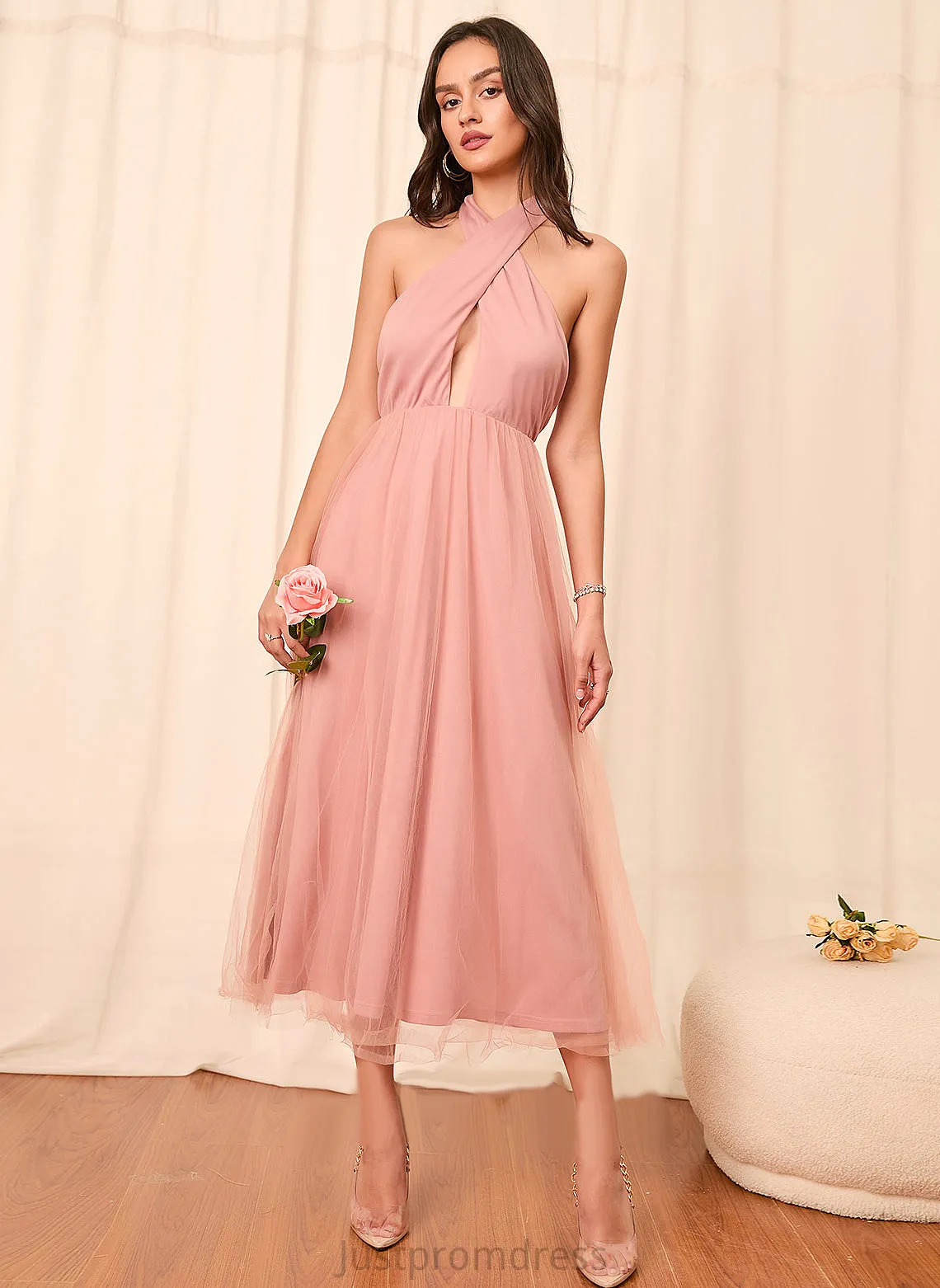 A-line Halter Sleeveless Jessica Tulle Sexy Midi Dresses Club Dresses