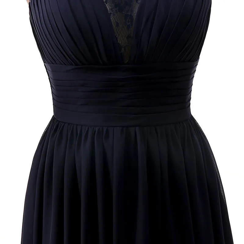 A Line Sleeveless Lace Chiffon Long Black Prom Dresses