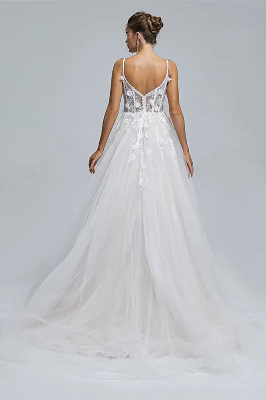 A-Line Spaghetti Strap Sweetheart Tulle Applique Floor-Length Sleeveless Wedding Dresses