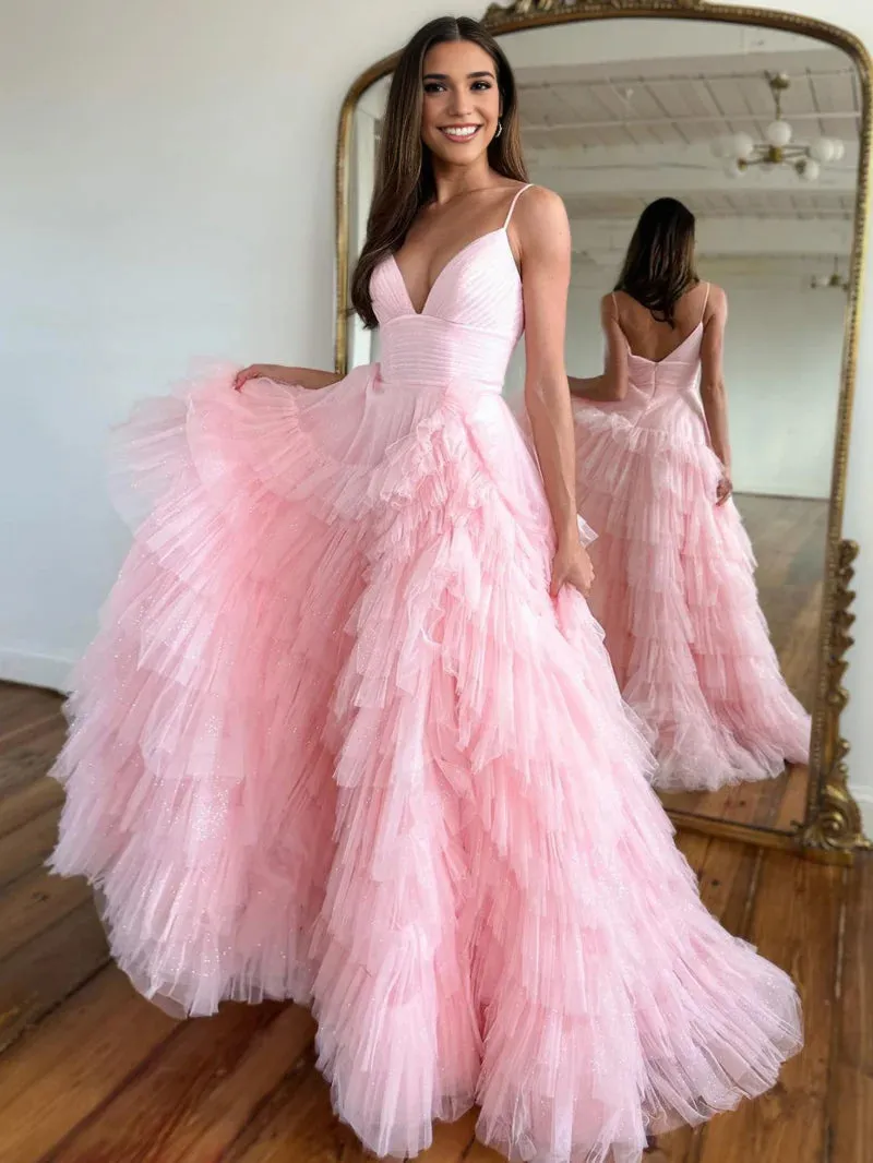 A-Line Spaghetti Straps Tiered Tulle Prom Dress