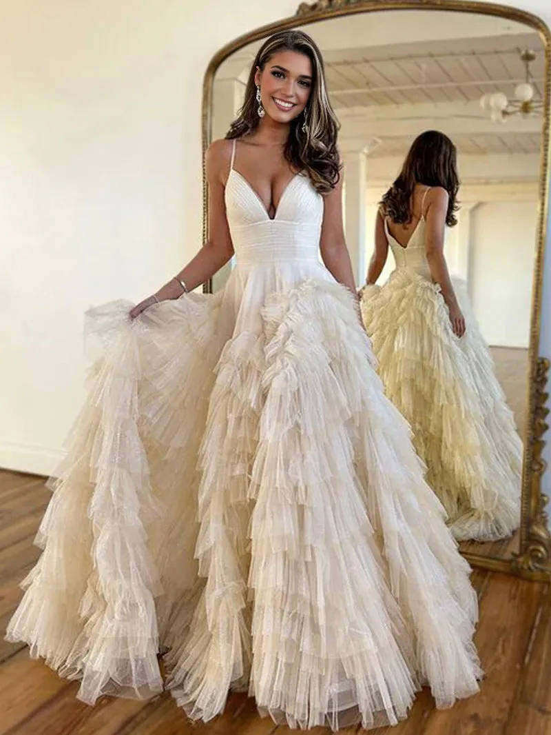 A-Line Spaghetti Straps Tiered Tulle Prom Dress