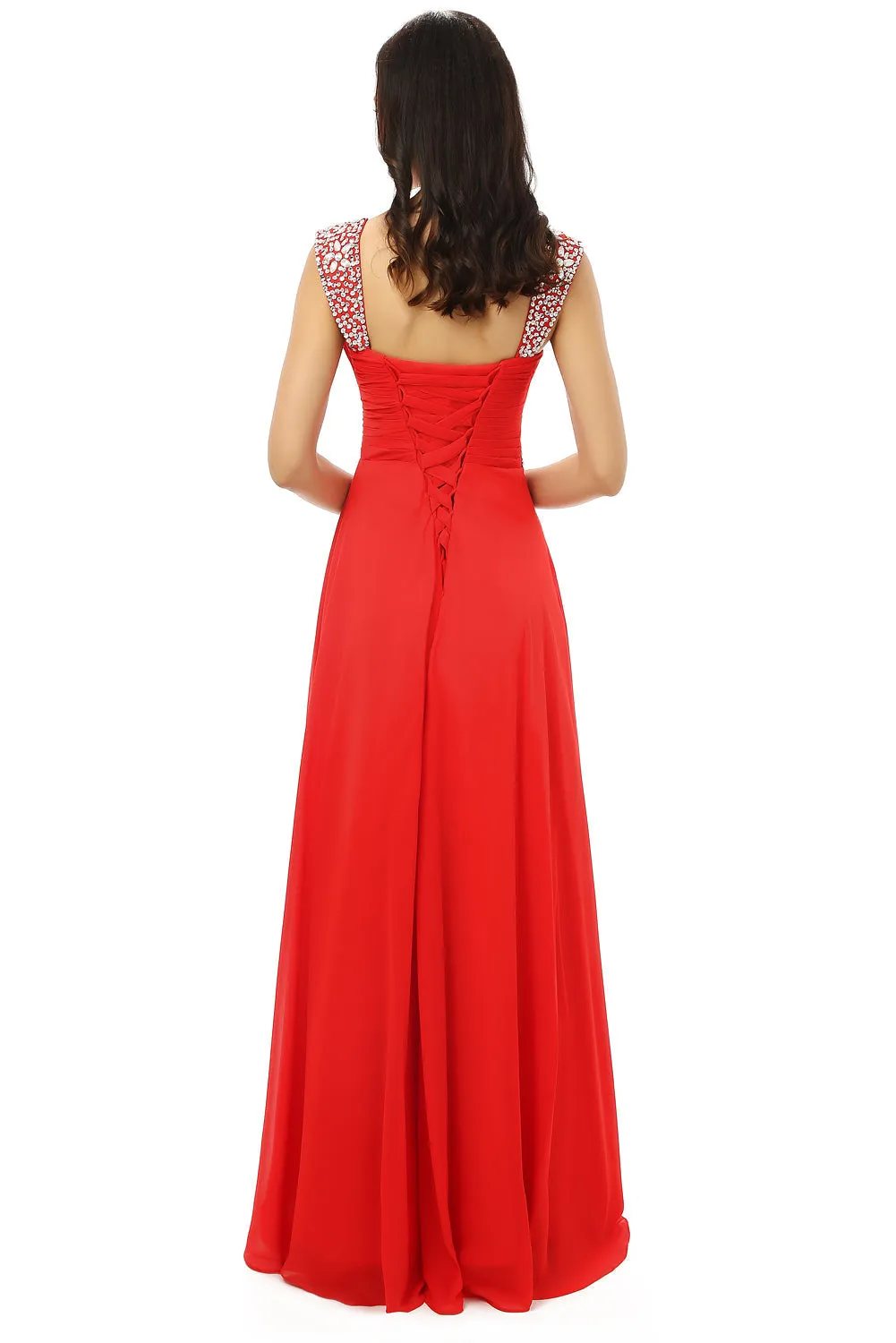 A-line V Neck Chiffon Long Red Prom Dresses