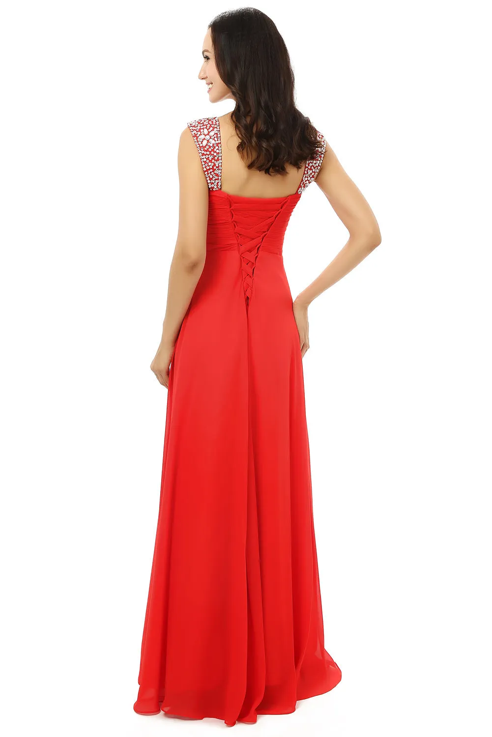 A-line V Neck Chiffon Long Red Prom Dresses