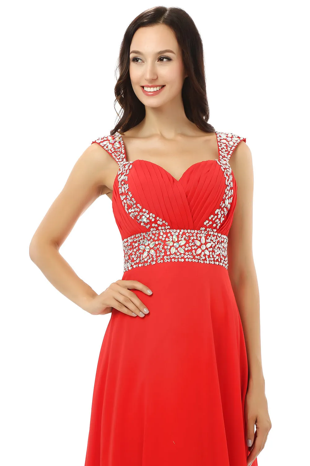 A-line V Neck Chiffon Long Red Prom Dresses