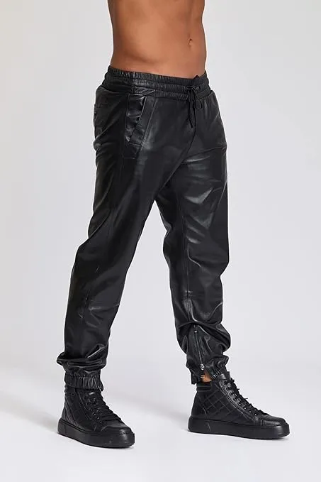 Aethor Men's Black Leather Jogger Pants