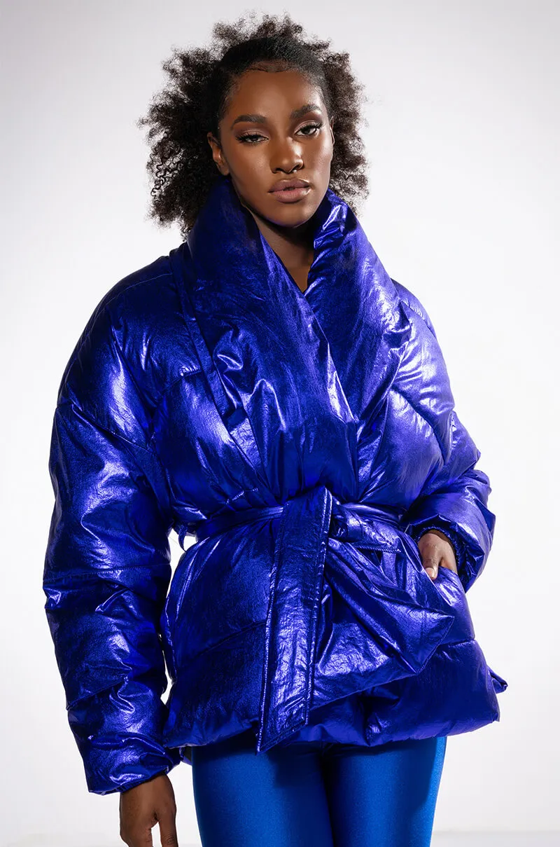 AURTURA LUXE METALLIC BLUE PURPLE PUFFER COAT