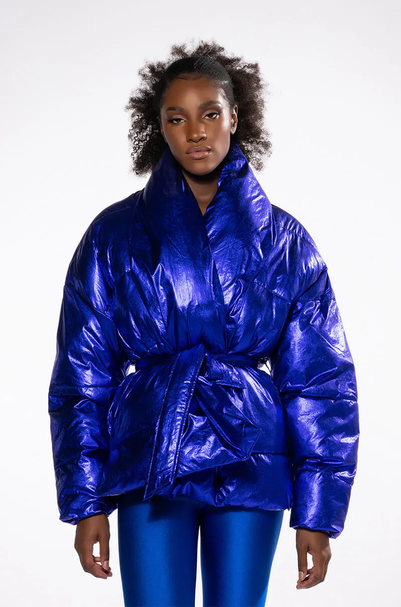 AURTURA LUXE METALLIC BLUE PURPLE PUFFER COAT