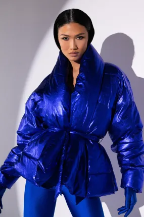 AURTURA LUXE METALLIC BLUE PURPLE PUFFER COAT