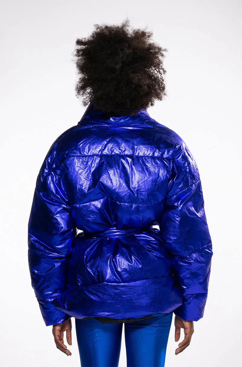 AURTURA LUXE METALLIC BLUE PURPLE PUFFER COAT