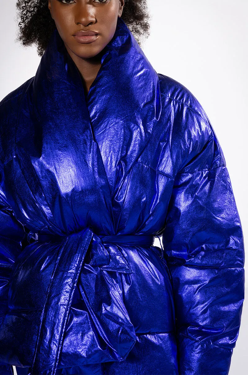 AURTURA LUXE METALLIC BLUE PURPLE PUFFER COAT