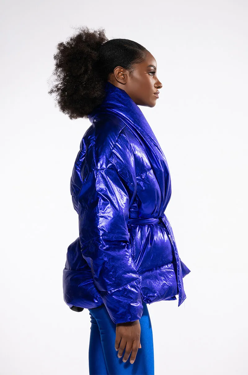 AURTURA LUXE METALLIC BLUE PURPLE PUFFER COAT