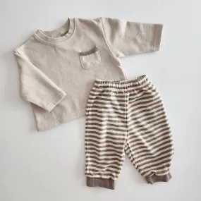 Baby BH Pocket Sweatshirt and Stripe Jogger Pants Set (3-18m) - Beige