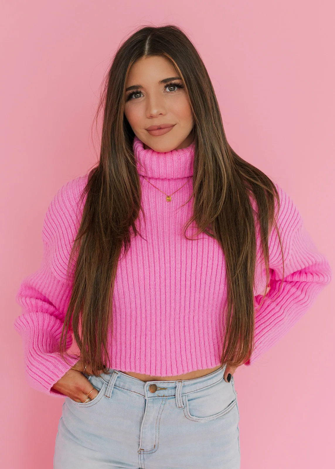 Barbie Pink Turtleneck Cropped Sweater