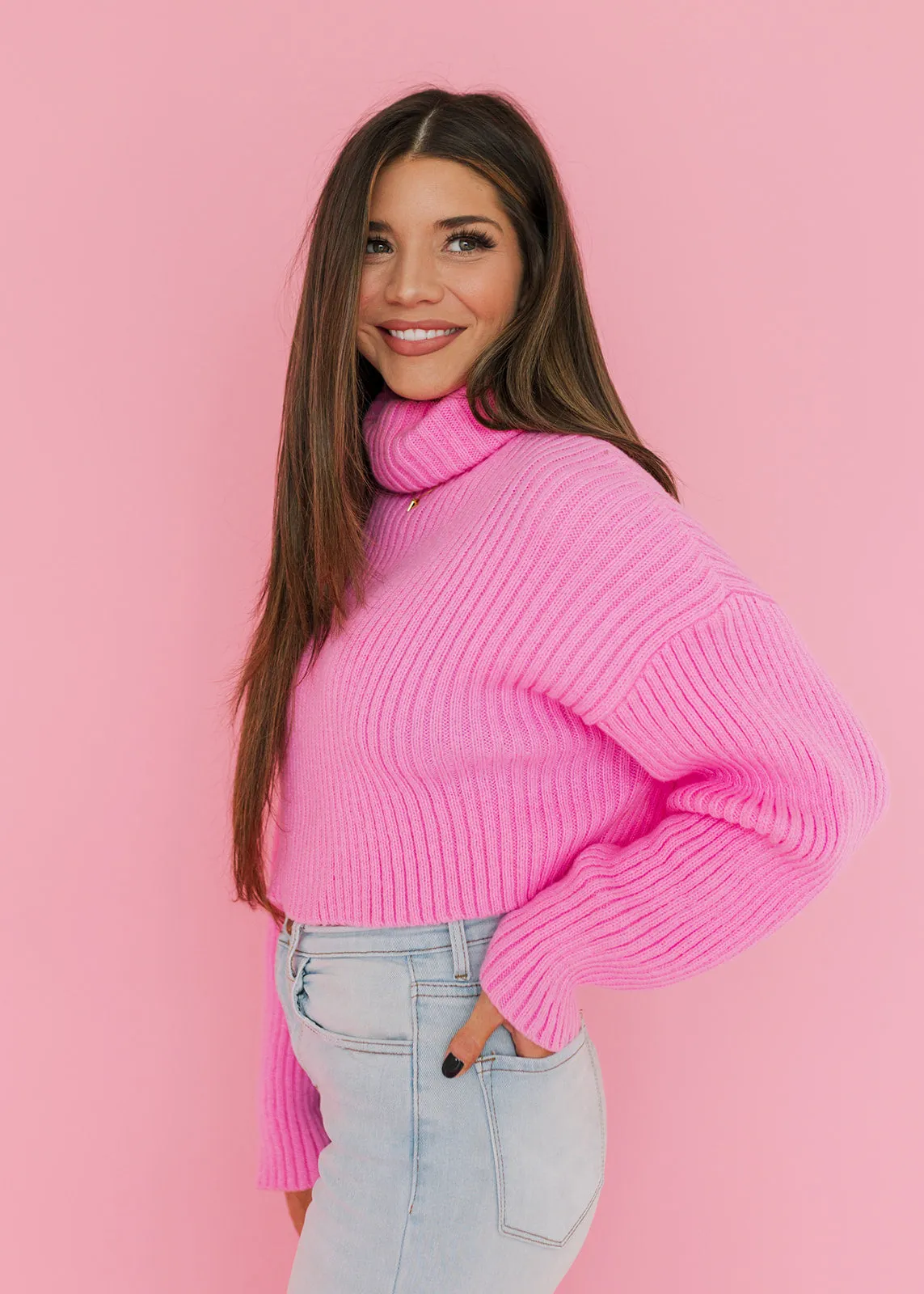 Barbie Pink Turtleneck Cropped Sweater