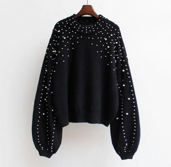 Beads High Neck Long Lantern Sleeves Cropped Pullover Sweater