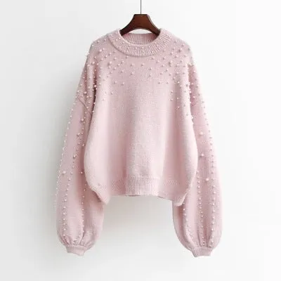 Beads High Neck Long Lantern Sleeves Cropped Pullover Sweater