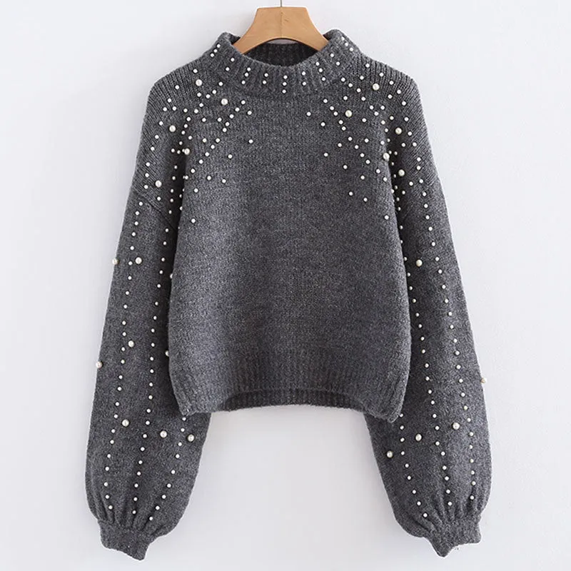 Beads High Neck Long Lantern Sleeves Cropped Pullover Sweater