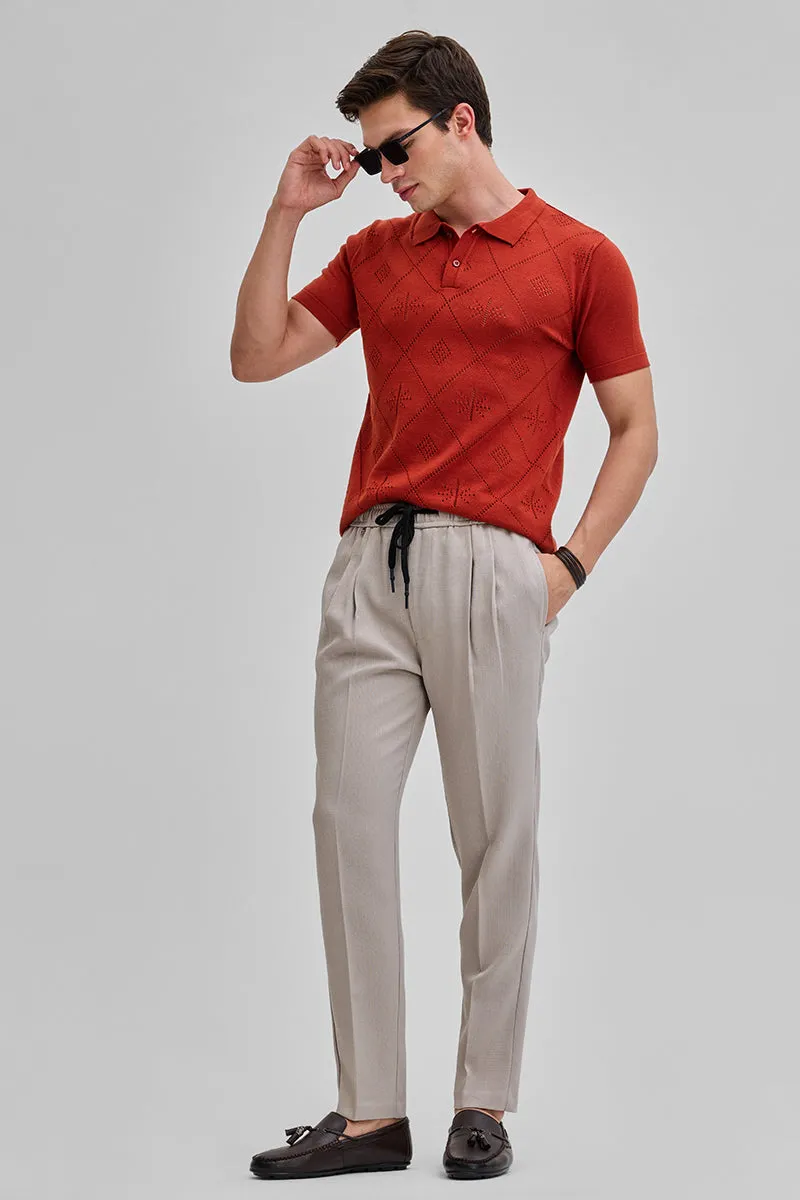 Beige Textured Relaxed Fit Trousers