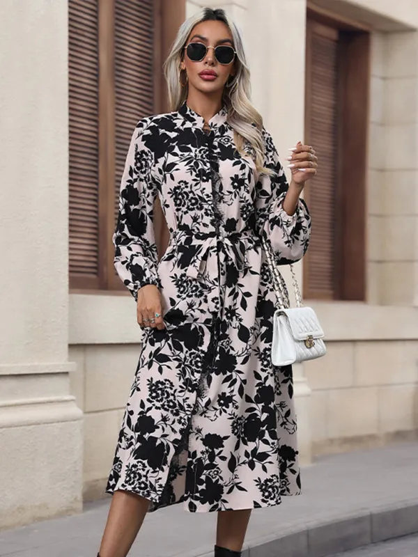 Belted Autumn Floral Midi Dress with High Neck