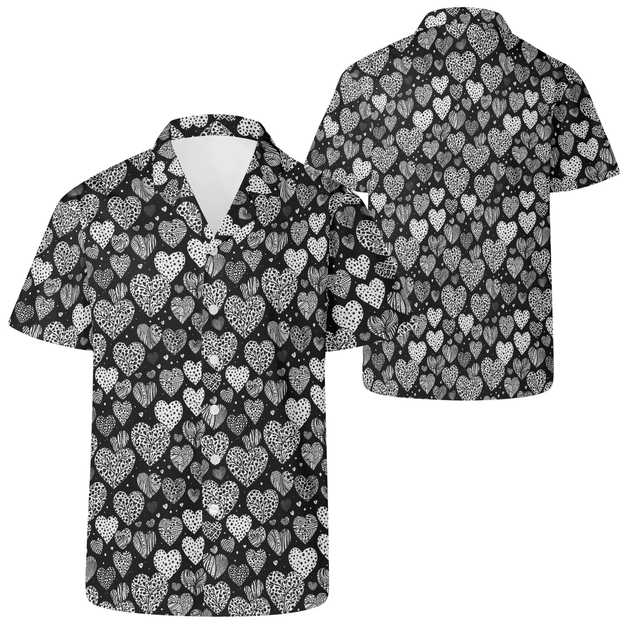 Black and White Hearts Mens Casual Hawaiian Shirt