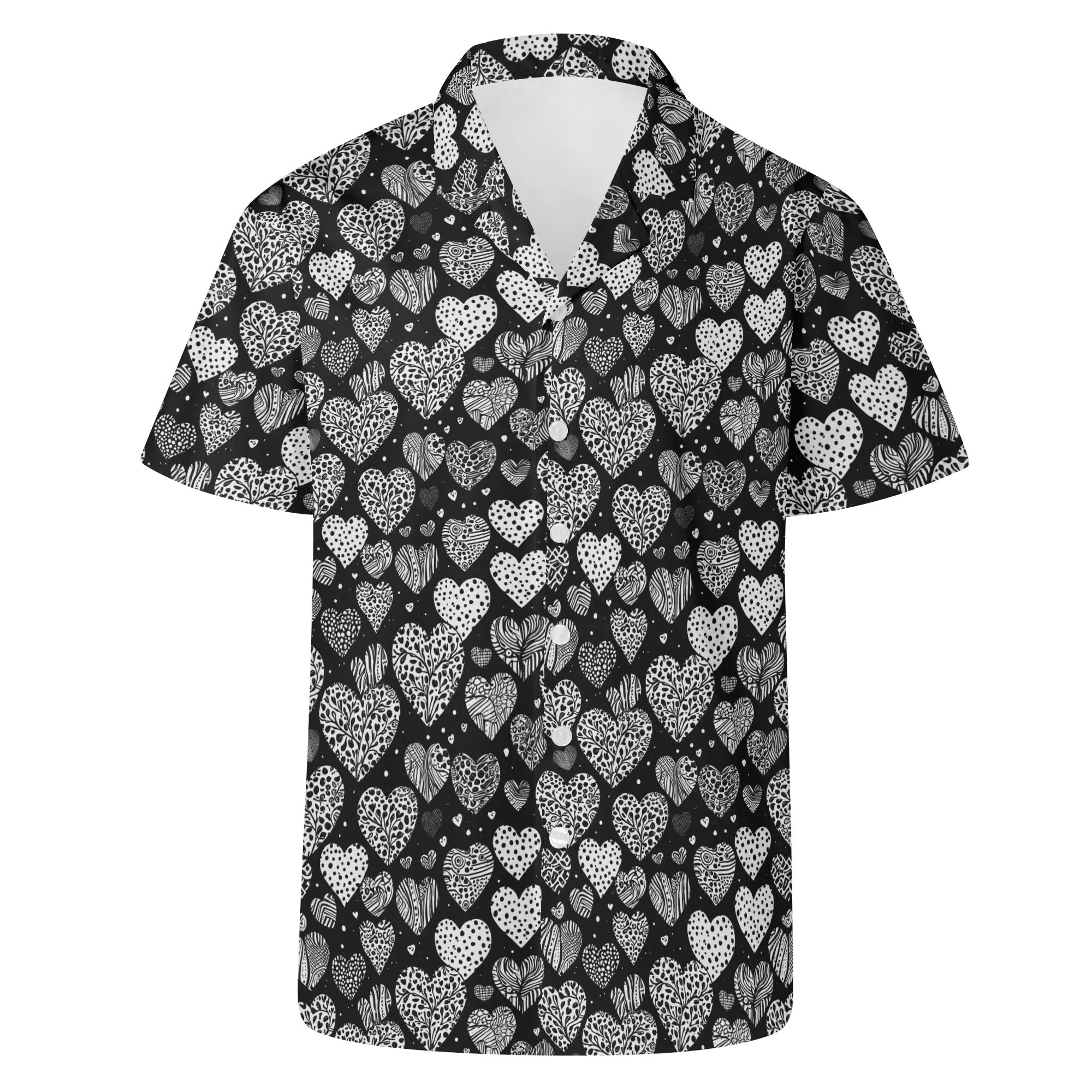 Black and White Hearts Mens Casual Hawaiian Shirt