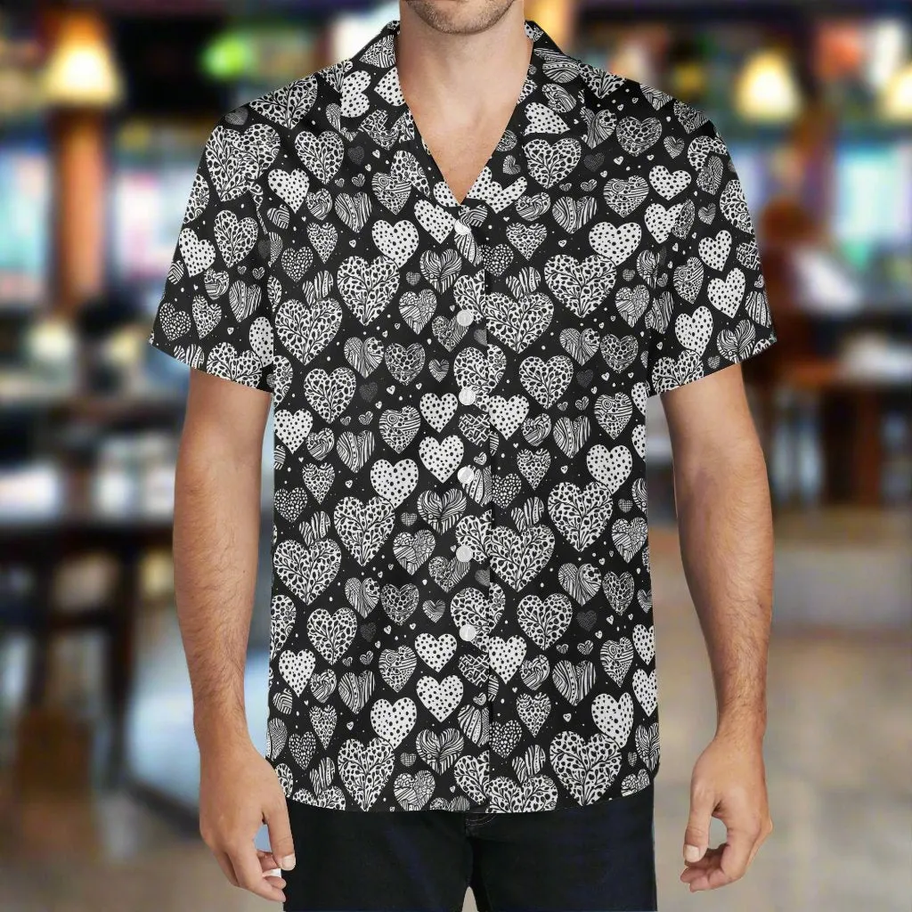 Black and White Hearts Mens Casual Hawaiian Shirt