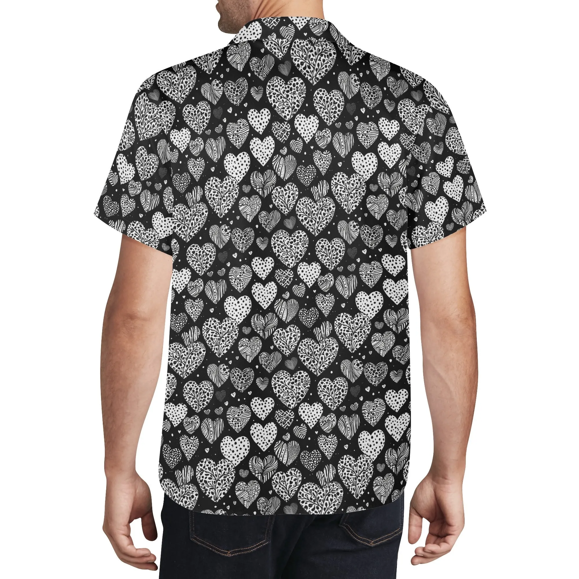 Black and White Hearts Mens Casual Hawaiian Shirt