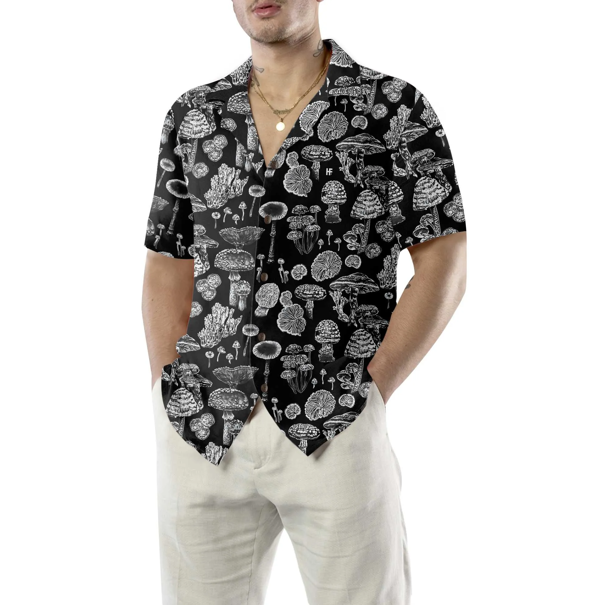 Black And White Mushroom Hawaiian Shirt, Casual Mushroom Shirt For Men & Women, Mushroom Print Shirt