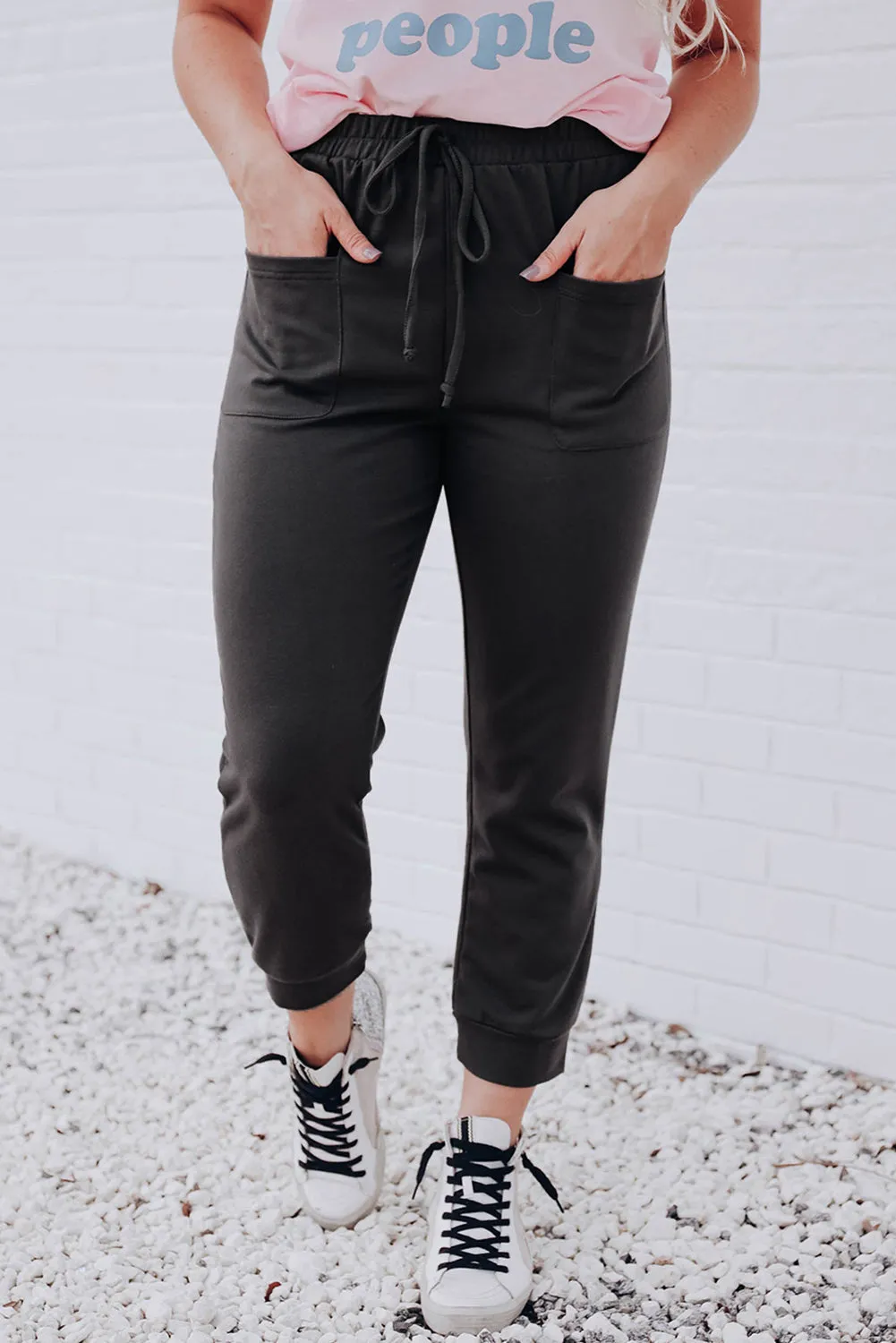 Black Drawstring Waist Front Patch Pockets Jogger Pants