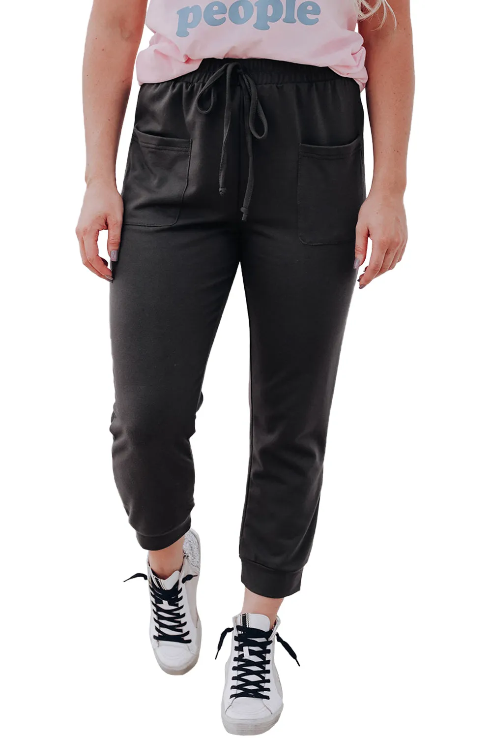 Black Drawstring Waist Front Patch Pockets Jogger Pants