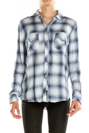 Blue and White Plaid Button-Up Shirt