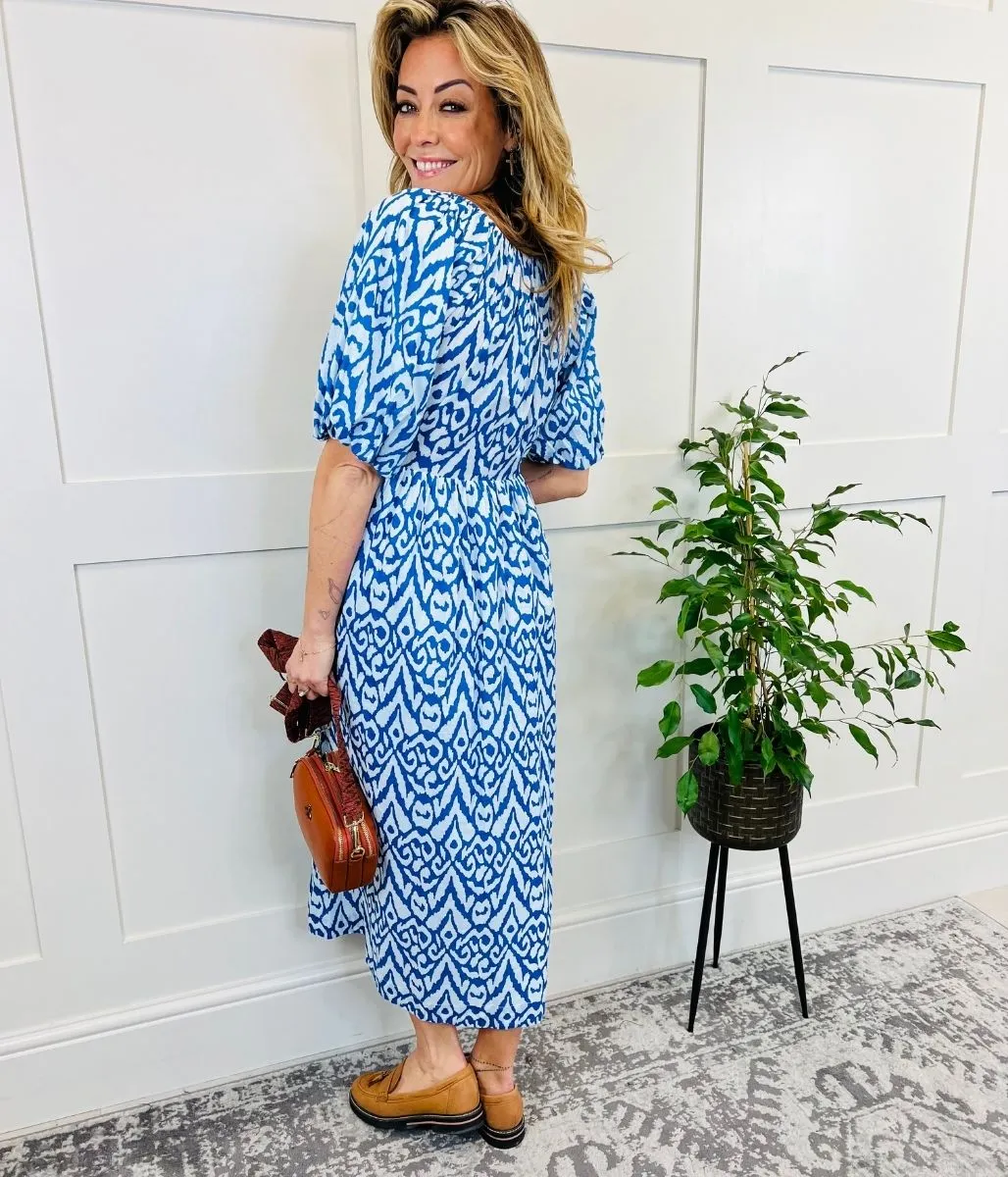 Blue Ikat Print Cotton Midi Dress