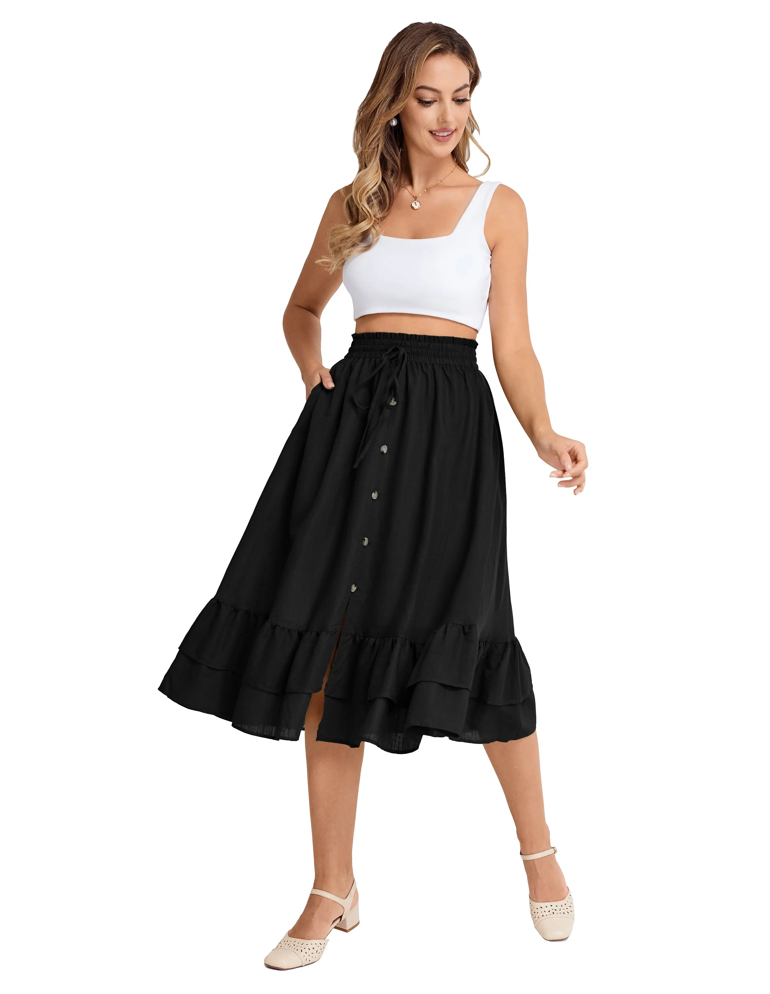 BP Women Front Slit Swing Skirt Elastic Drawstring Waist Ruffled Hem Skirt