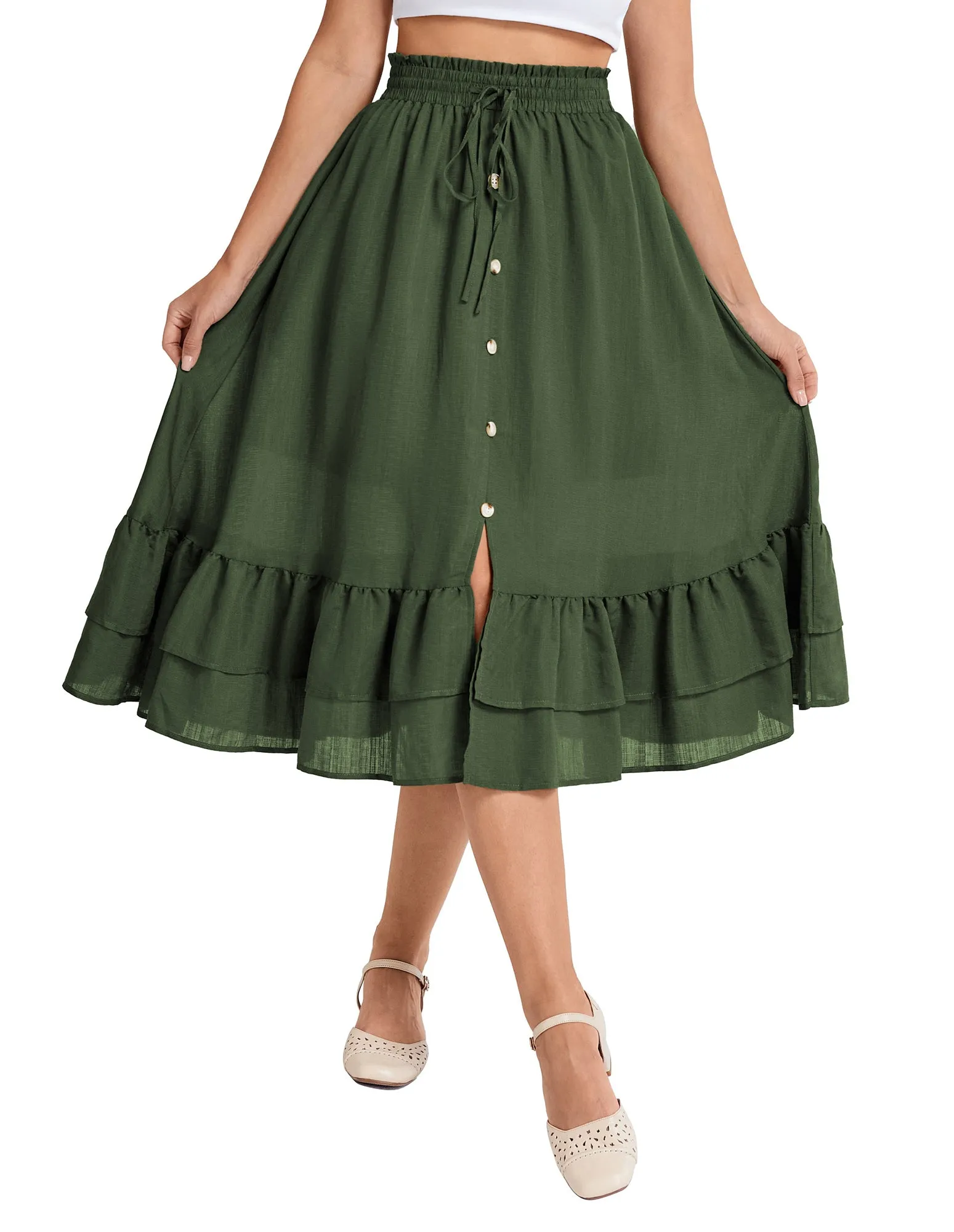 BP Women Front Slit Swing Skirt Elastic Drawstring Waist Ruffled Hem Skirt