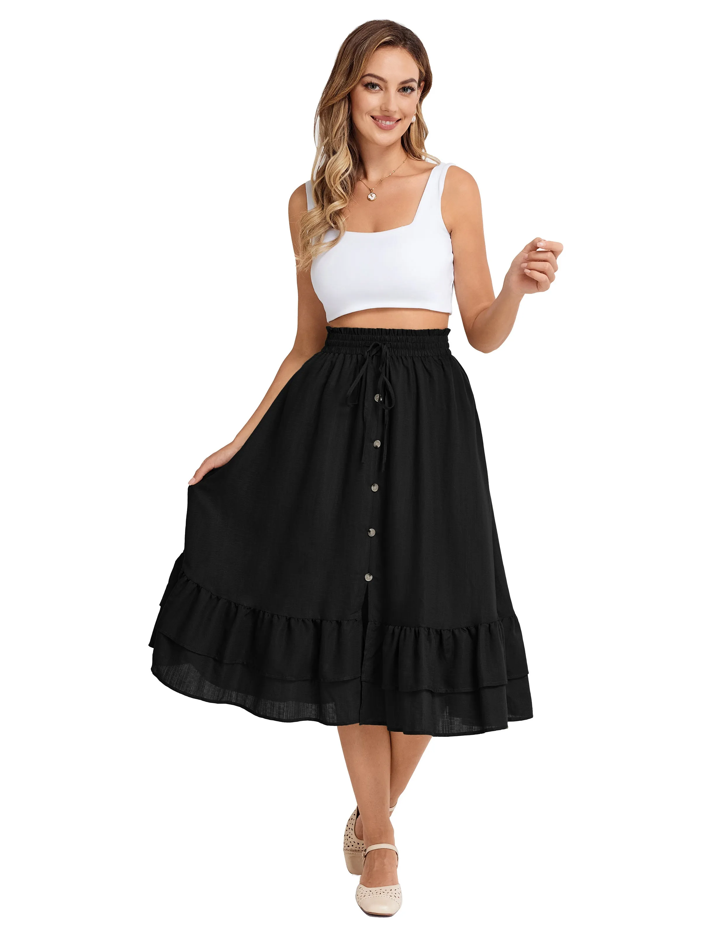 BP Women Front Slit Swing Skirt Elastic Drawstring Waist Ruffled Hem Skirt