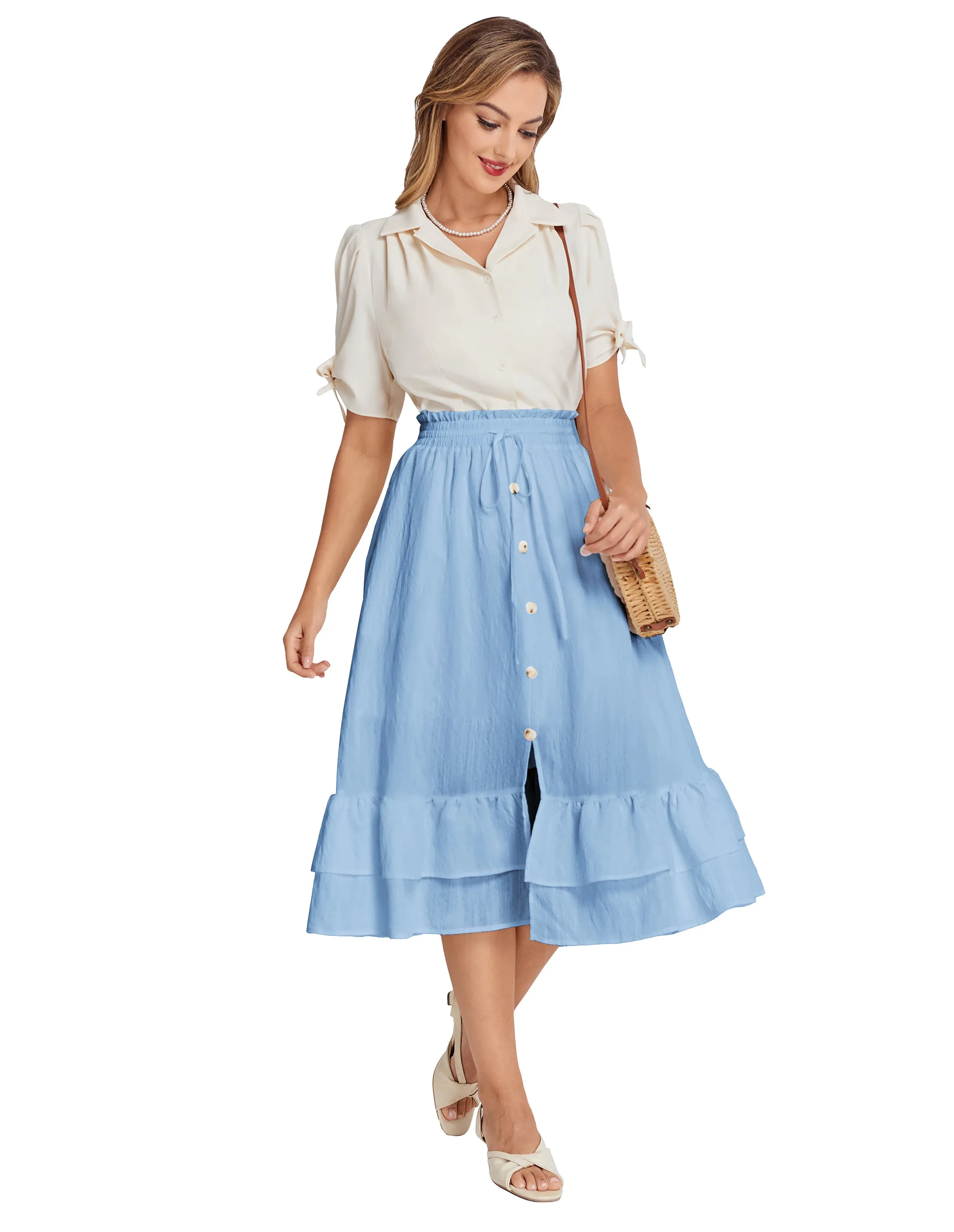 BP Women Front Slit Swing Skirt Elastic Drawstring Waist Ruffled Hem Skirt