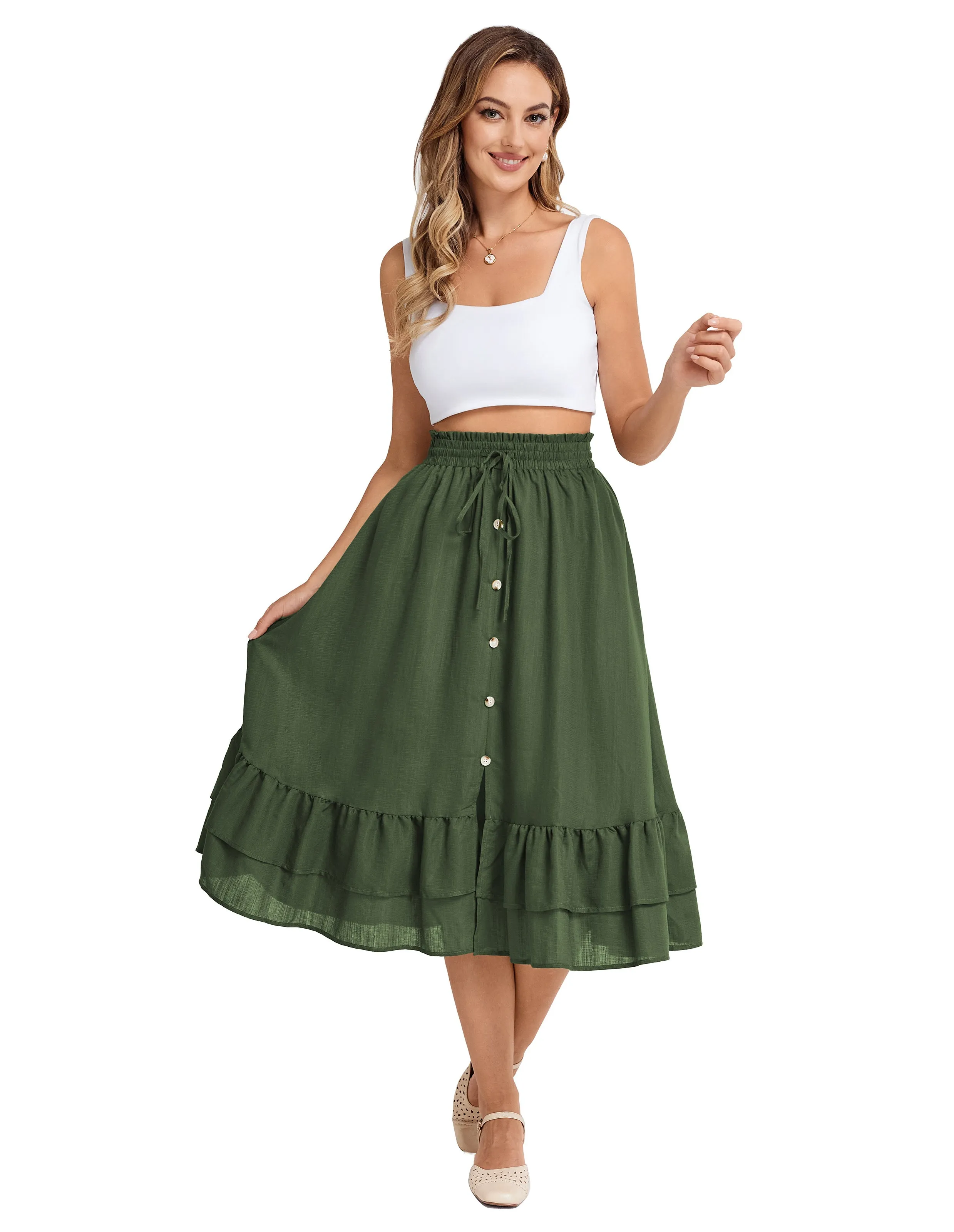 BP Women Front Slit Swing Skirt Elastic Drawstring Waist Ruffled Hem Skirt