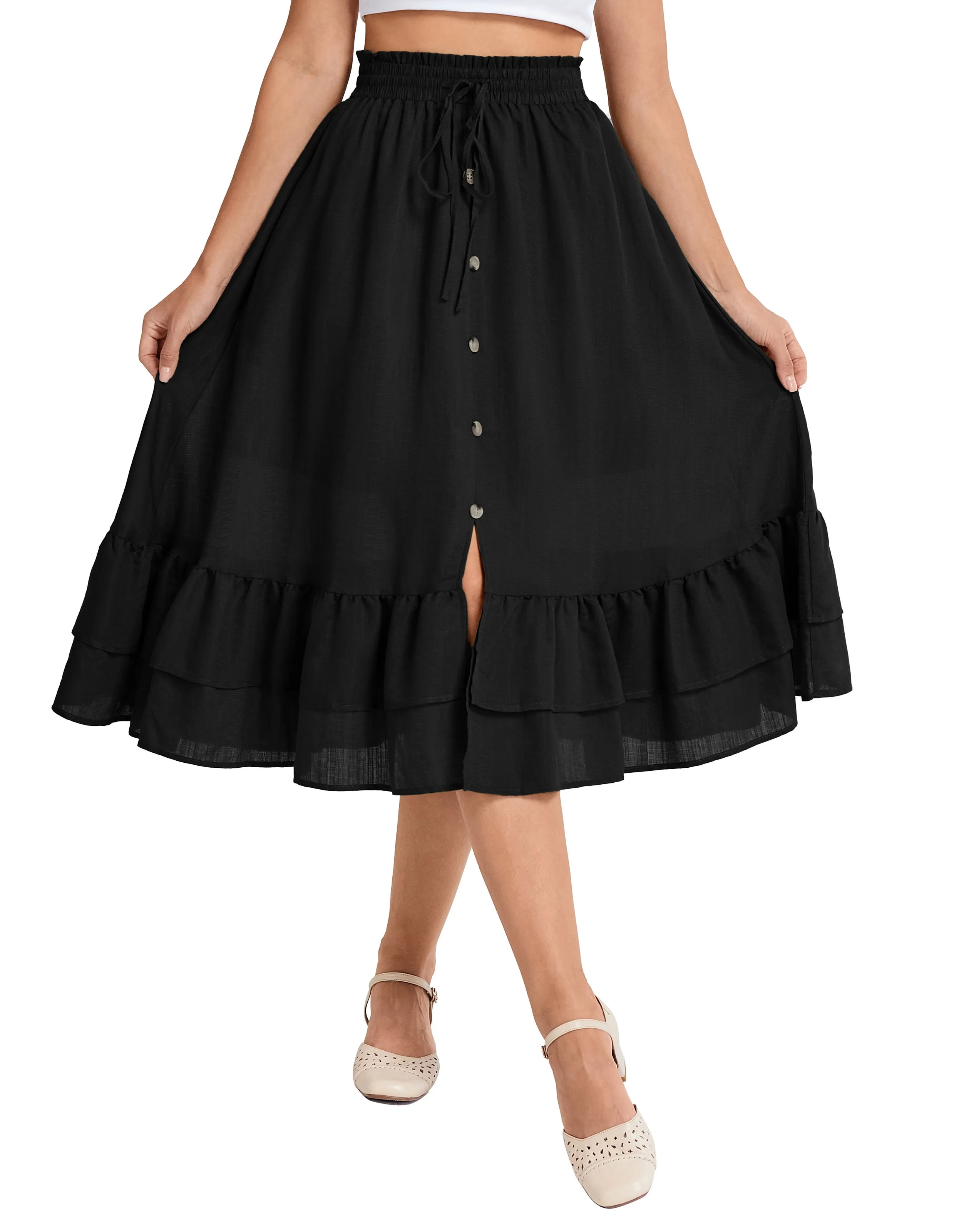 BP Women Front Slit Swing Skirt Elastic Drawstring Waist Ruffled Hem Skirt