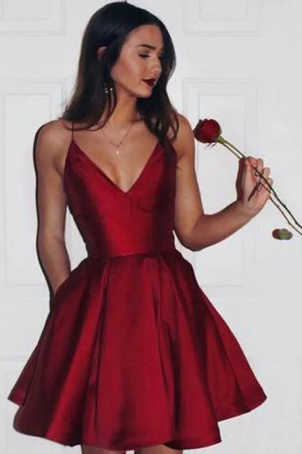 Burgundy Taffeta A-line V-neck Spaghetti Strap Homecoming Dress, SH254