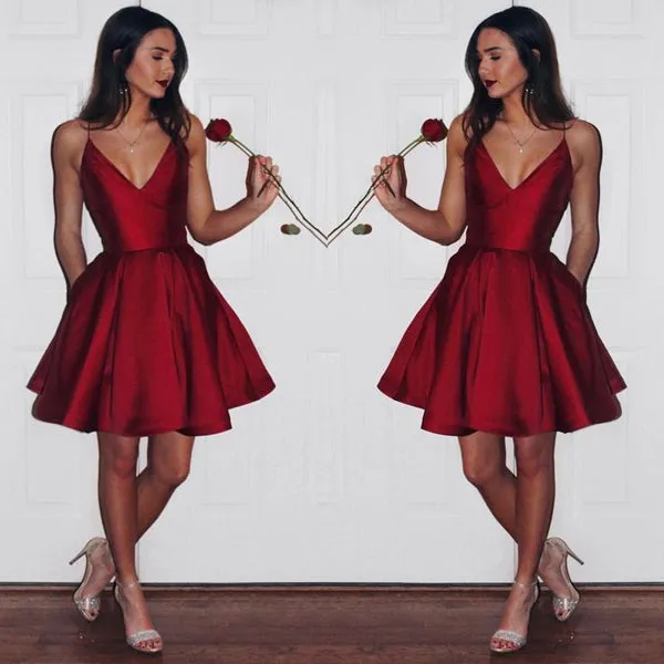 Burgundy Taffeta A-line V-neck Spaghetti Strap Homecoming Dress, SH254