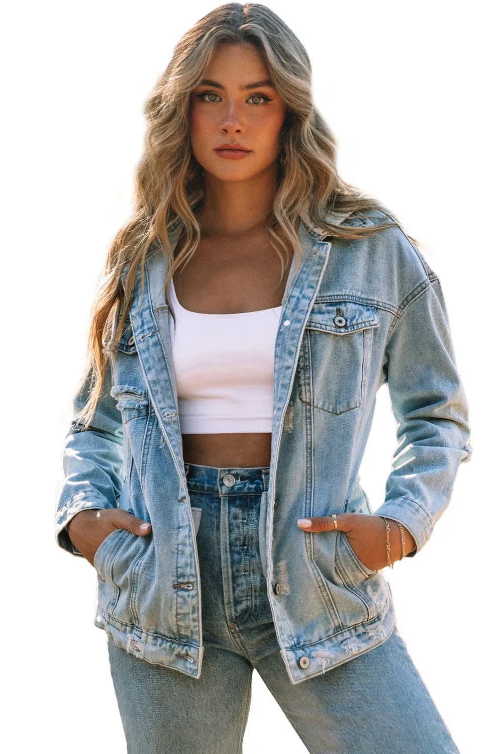 Button Closure Ripped Hooded Denim Jacket