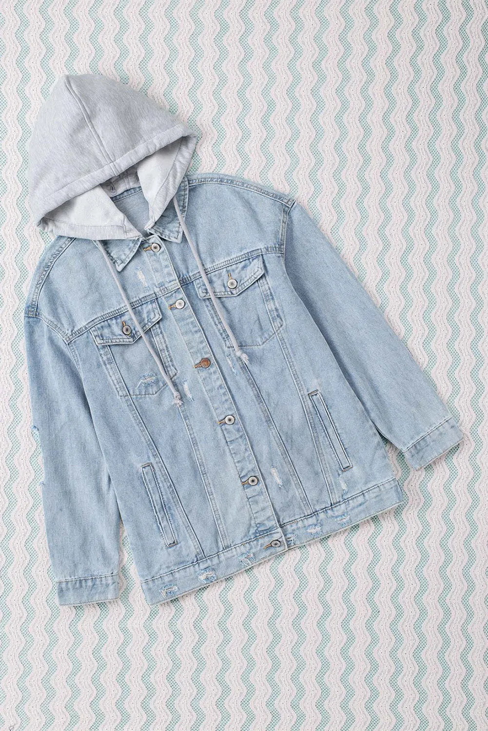 Button Closure Ripped Hooded Denim Jacket