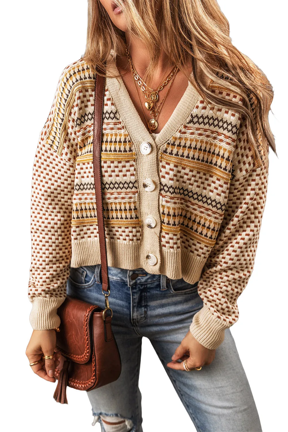 Buttoned V Neck Cropped Cardigan